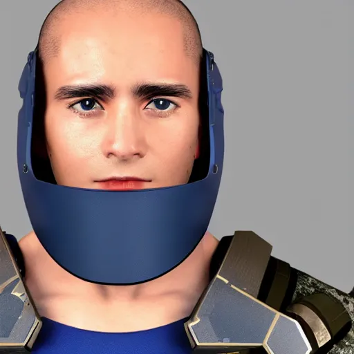 Image similar to a futuristic soldier captain with a metal visor and a blue shoulderpad