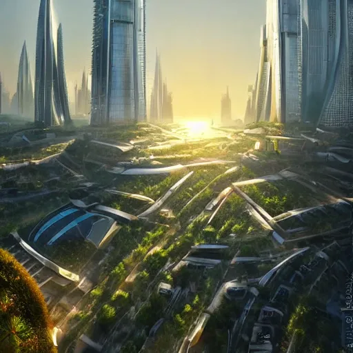 prompthunt: Sunrise over solarpunk city, many trees and plants, archdaily,  straight lines, many flying cars, busy streets filled with pedestrians, sun  rays, vines, vertical gardens, utopia, beautiful glass and steel  architecture, extreme