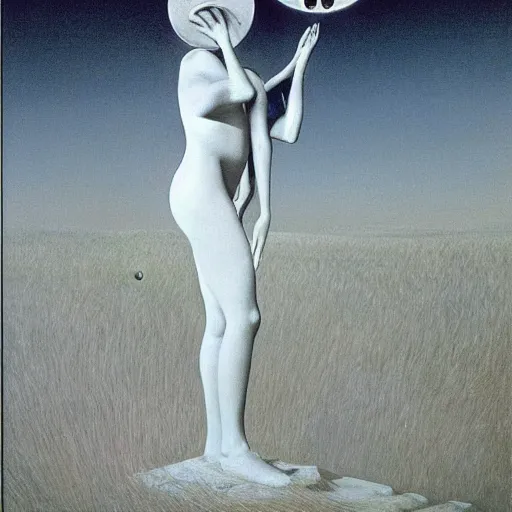 Image similar to Artemixel, the modern reincarnation of the old selenium god of hunt and moon, also known as Artemis or Selene, carrying the crown of the crescent moon. They are crowned by a bright and slightly bluish crescent like the brightness of the night. Portrait by Zdzislaw Beksinski and Jeffrey Smith, oil on canvas.