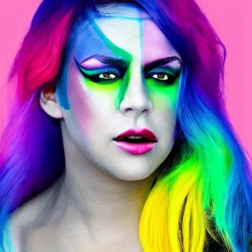 Image similar to Macron with rainbow hair and rainbow makeup, viscous rainbow paint, rainbow bg, portrait