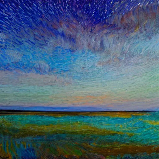 Image similar to midnight shores of the Bruce Peninsula, impressionism