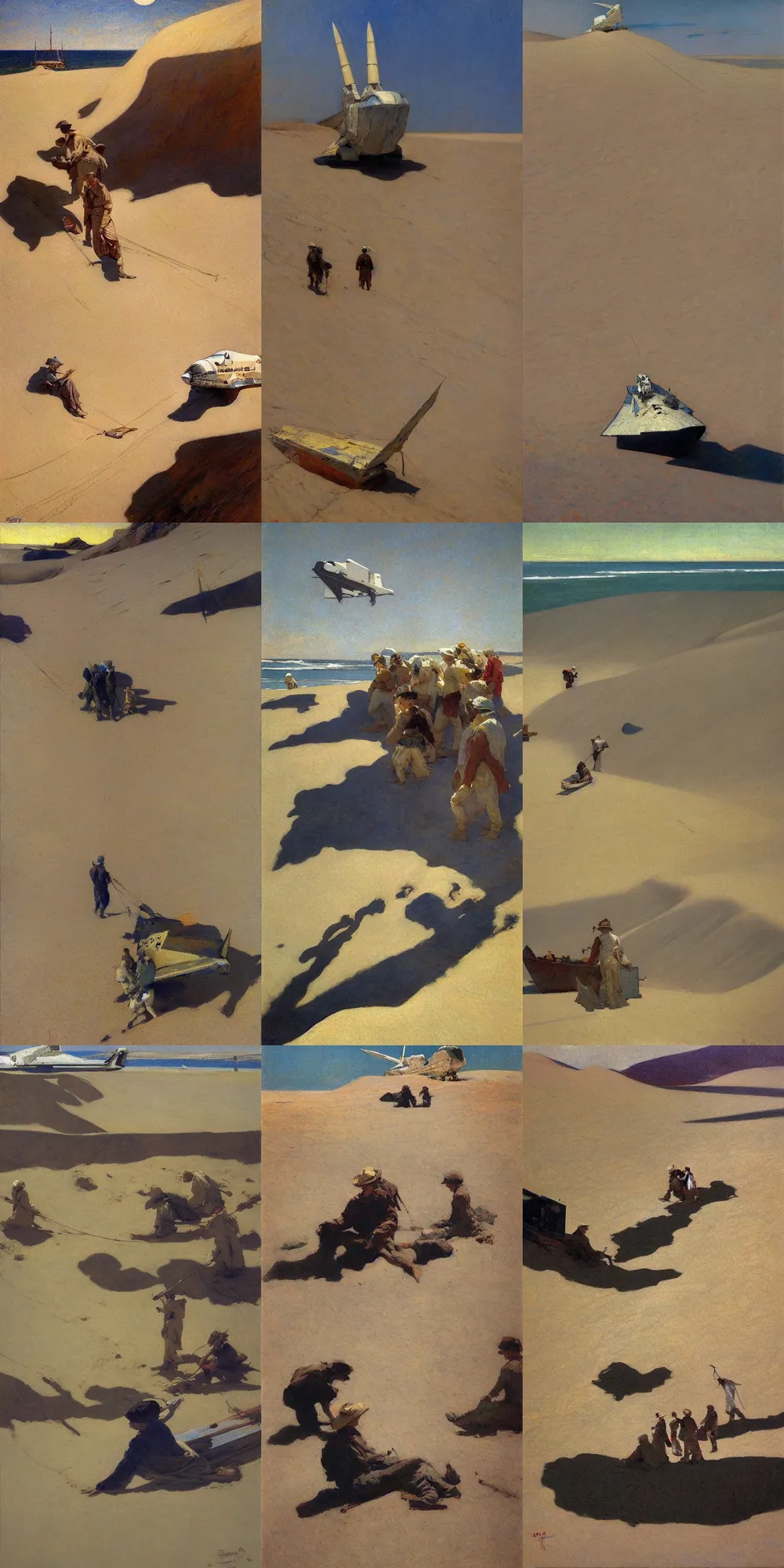 Prompt: painting by dean cornwell, ilya repin, nc wyeth painting, ultra wide, vanishing point, 3 d perspective, beached nasa shuttle!!, sand dune, reveal