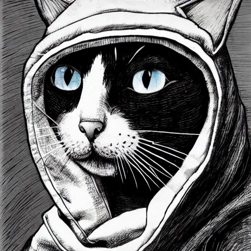 Image similar to cat, by ralph steadman, ambient occlusion, with a hoodie