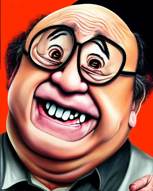 Prompt: painting portrait of danny devito as a ham, cartoon, warm lighting, danny devito has a ham body, danny devito's face on a ham. movie poster, illustration by bartek fedyczak, erak note, tooth wu, neil richards, kan liu, siwoo kim, jisu choe, trending on art station