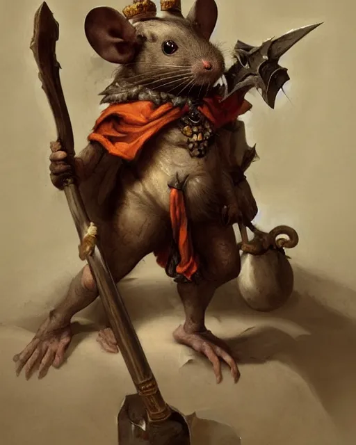 Image similar to baroque portrait of a male were-rat with the head of a rat. he is very muscular. he is wielding an axe. 4K trending on artstation by peter mohrbacher