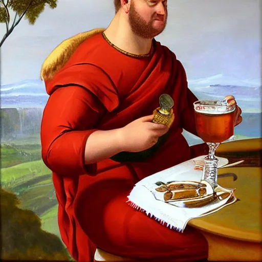Image similar to Roman emperor Nero drinking iced tea, oil painting