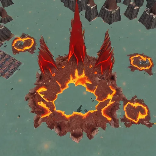 Image similar to TzKal-Zuk at the Inferno, old school runescape, lava river, magma, large shield of magma, obsidian pillars