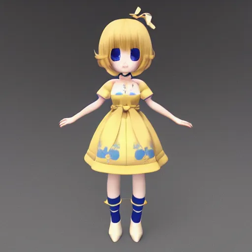 Image similar to cute fumo plush of a girl in a blue and gold patterned dress, high quality material bssrdf, vray, anime girl