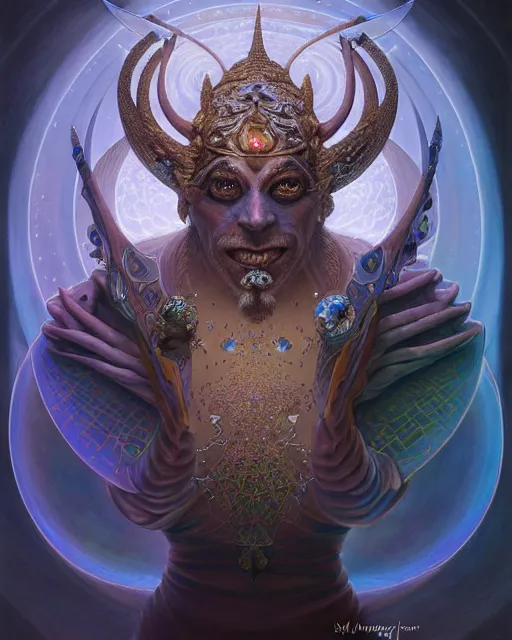 Image similar to front shot of a court jester character, hyperdimensional, bioluminescent hypercubes, ((intricate)), elegant, highly detailed, centered, (((artstation, concept art, smooth, sharp focus, artgerm, Tomasz Alen Kopera, Peter Mohrbacher, donato giancola, Joseph Christian Leyendecker, WLOP, Boris Vallejo))), mugshot!!!!!, ugly!!!!!!, octane render, nvidia raytracing demo, grainy, muted, 8K, digitalblasphemy