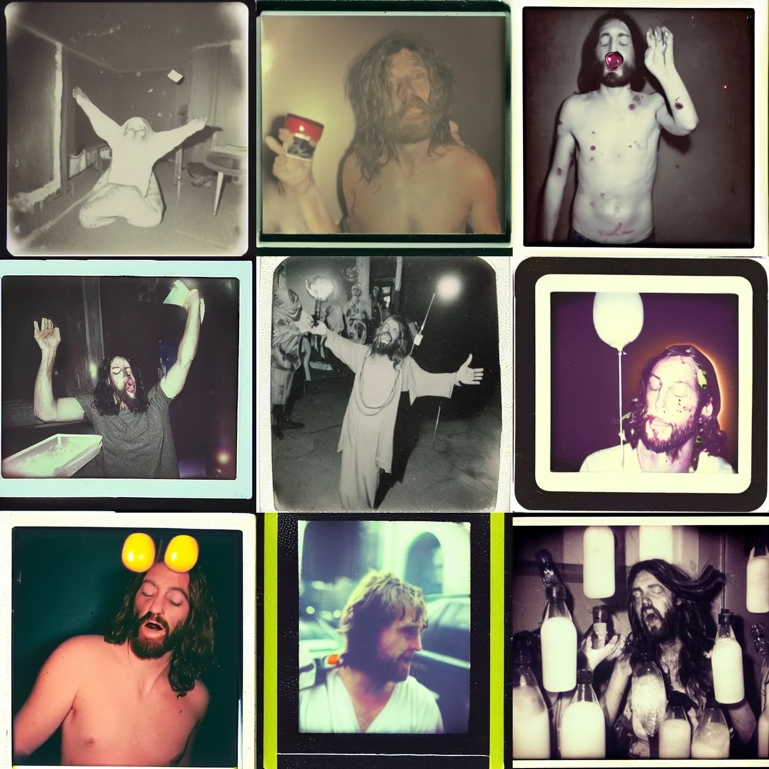 Prompt: Jesus wasted at party projectile vomiting translucent chunky liquid. Polaroid.