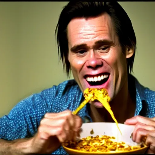 Image similar to a cinematic shot of Jim Carrey eating from a bowl of cereal, film grain, 8k