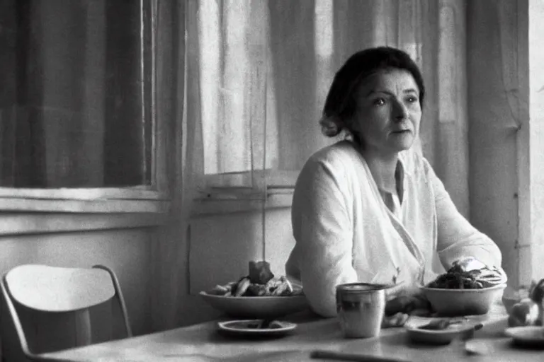 Image similar to soviet movie still a soviet woman sitting at a table next to the window with food, dark warm light, a character portrait by margarita terekhova, movie stalker solaris film still by andrei tarkovsky, 8 k, 1 9 8 4, close - up bokeh, gelios lens, color, noir