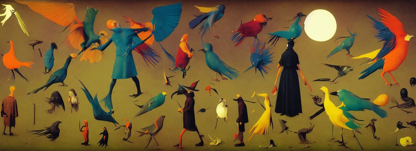 Prompt: full - body surreal colorful bird rpg character concept art anatomy, action pose, very coherent and colorful high contrast masterpiece by norman rockwell franz sedlacek hieronymus bosch dean ellis simon stalenhag rene magritte gediminas pranckevicius, dark shadows, sunny day, hard lighting, reference sheet white! background