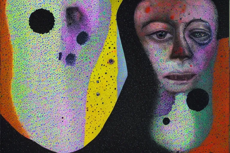 Prompt: face made out of worry, faceless people dark, dots, drip, stipple, pointillism, technical, abstract, minimal, style of francis bacon, asymmetry, pulled apart, cloak, hooded figure, made of dots, abstract, balaclava, colored dots