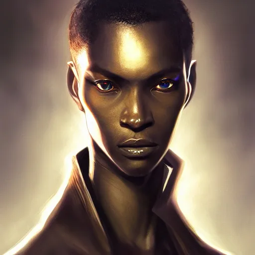 Prompt: portrait of a slender tall dark rogue black man. Epic fantasy. beautiful. hyperrealism symetric face cinematic top lighting, insanely detailed and intricate, face by wlop, Charlie Bowater, golden ratio, symmetric matte painting, cinematic, trending on artstation, deviantart and cgsociety, 8k, high resolution