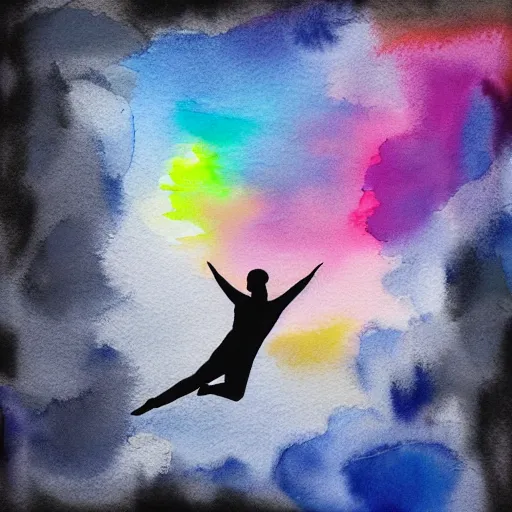 Prompt: dancing on top of a rainbow in the stratosphere, minimalist, muted colors, watercolor, ink under paint, desaturated colors, high - angle view from 1 0 0 feet distance. digital art, ue 5