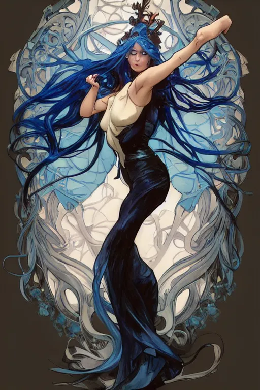 Prompt: fullbody!! dynamic action pose illustration, art by artgerm and greg rutkowski and alphonse mucha, beautiful woman with blue hair, antlers on her head, long flowing intricate black dress, dnd, face, fantasy, intricate, elegant, highly detailed, digital painting, artstation, concept art, smooth, sharp focus,