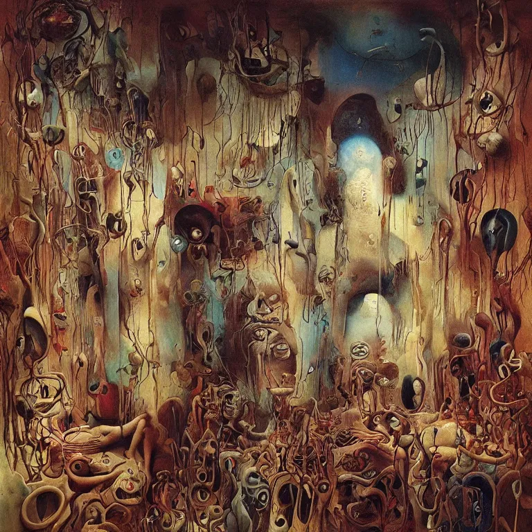 Image similar to room of chaos by salvador dali, dark art by james jean, zdzislaw beksinski, abstract surrealism, deep rich colors, masterpiece