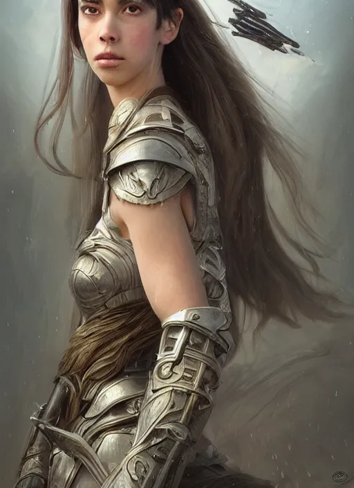 Image similar to a professional portrait of a beautiful young female, clothed in ethereal battle armor, olive skin, long dark hair, beautiful bone structure, symmetrical facial features, intricate, elegant, digital painting, concept art, smooth, sharp focus, finely detailed, illustration, from Valerian and the City of a Thousand Planets, in the style of Ruan Jia and Mandy Jurgens and Artgerm and Greg Rutkowski and William-Adolphe Bouguerea