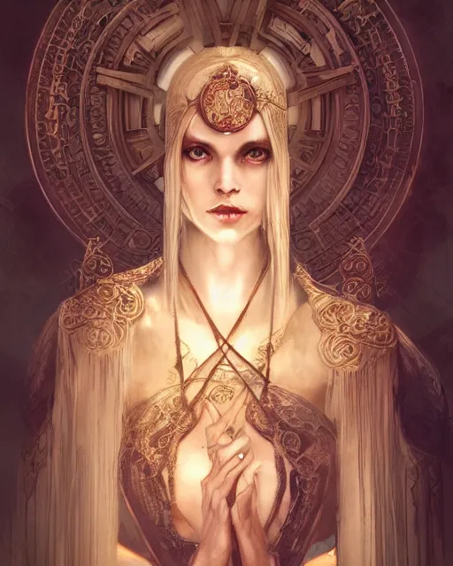 Prompt: tarot card, high priestess, Art nouveau, intricate, elegant, highly detailed, concept art, sharp focus, beautiful face, by bastien deharme, Brom, trending on Artstation