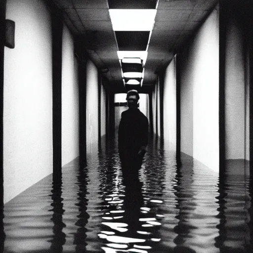 Image similar to a flooded creepy empty basement hallway with a creepy smiling silhouette of a man standing in the dark, shaky, out of focus, expired film grain, craigslist photo