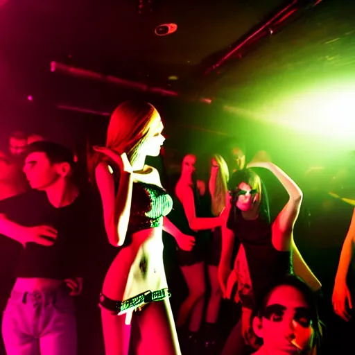 Prompt: an award winning photograph of a skinny cute goth girl at a night club dancing with a room full of mannequins, neon spotlights, canon 3 5 mm wide view lens viewpoint