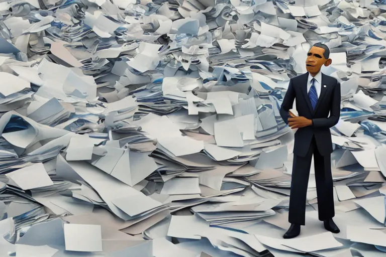 Image similar to obama nervously standing by a mountain of papers, still from a pixar movie, high quality 3 d render, movie, pixar, renderman, 4 k, artstation