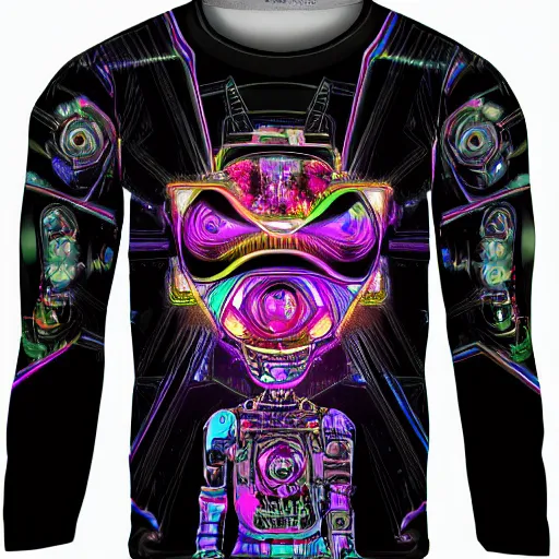 Image similar to black tshirt with a hyperdetailed portrait of a trippy diesel punk robot, 8 k, symetrical, flourescent colors, halluzinogenic, multicolored,