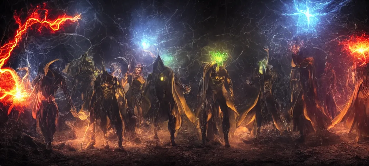 Prompt: Photorealistic still image of six wizards standing in dark cave and shoot fireballs from their magic staffs at DC comic character Black Adam, dark ancient atmosphere, full of glowing bouncing particles floating randomly from ground, dramatic lighting, fluidy colorful particles rising from ground, realism of hollywood movie with incredible amount of fine details