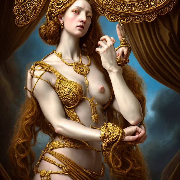 Prompt: renaissance style a wonderful female goddess with a wonderful face and realistic arms and hands and realistic 5 fingers and realistic body with long intricate hair with a beautiful porcelain symmetrical body dressed with a majestic warp ornate cream long cotton dress, hightly ornate, intricate, detailed, dramatic light, cinematic, award winning, octane render, blue light, tom bagshaw style