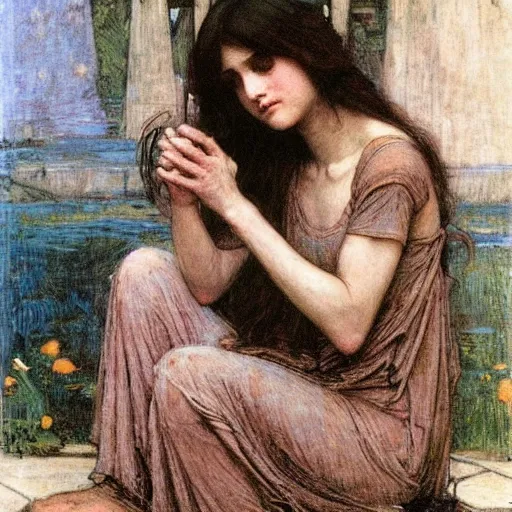 Prompt: washed - out by john william waterhouse. a beautiful print. it has no visible auditory organs, just eyes, human eyes, hundreds of them, in the ends of stalks that radiate from its body like some exotic fruit.