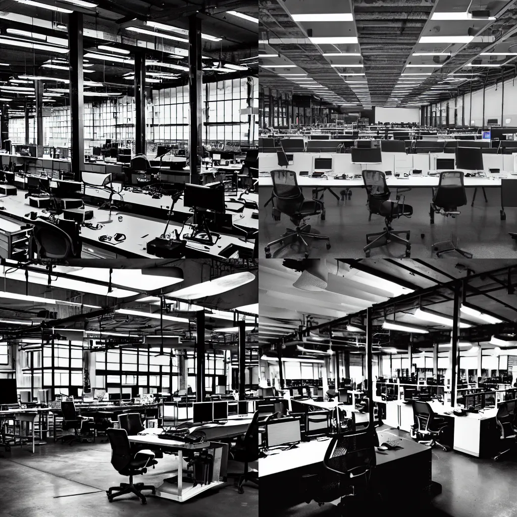 Prompt: an industrial newsroom, black and white