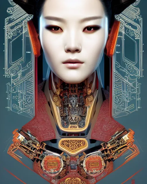 Image similar to portrait of a cyberpunk machine, machine face, upper half portrait, decorated with chinese opera motifs, asian, fine china, traditional chinese art, intricate, elegant, highly detailed, symmetry, digital painting, artstation, concept art, smooth, sharp focus, illustration, art by artgerm and greg rutkowski and alphonse mucha, 8 k