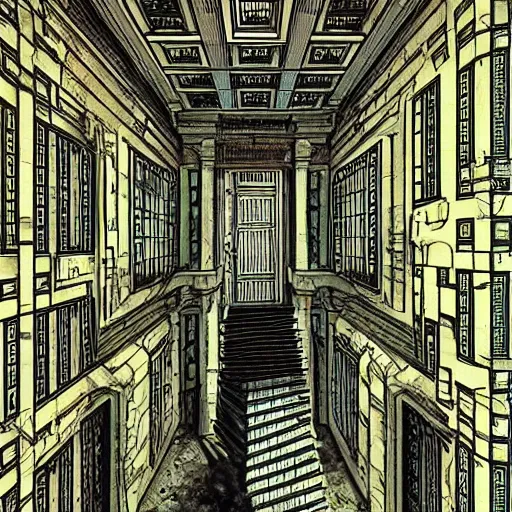 Image similar to a huge bright maze of many doorways and lots of stairs, many doorways, inside a giant mansion, artstation, Junji Ito, epic composition