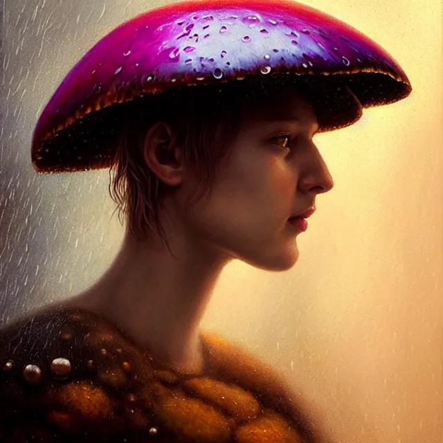 Image similar to bright portrait surreal mushrooms rain on face and wet hair, diffuse overhead lighting, fantasy, intricate, elegant, dramatic lighting, highly detailed, lifelike, photorealistic, digital painting, artstation, illustration, concept art, smooth, sharp focus, art by John Collier and Albert Aublet and Krenz Cushart and Artem Demura and Alphonse Mucha