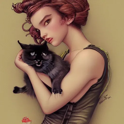 Image similar to Lofi portrait of a girl holding a cat, Pixar style by Joe Fenton and Stanley Artgerm and Tom Bagshaw and Tim Burton