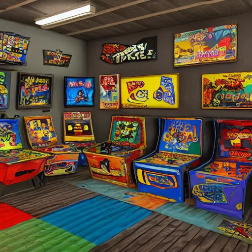 Prompt: large Mancave full of 80s toys games arcade games and wall posters Stuffy atmosphere, shadows, vintage, highly detailed, abandoned, octane render, photorealistic, DOF, beautify , micro detailing, blender, --width 1024 8k