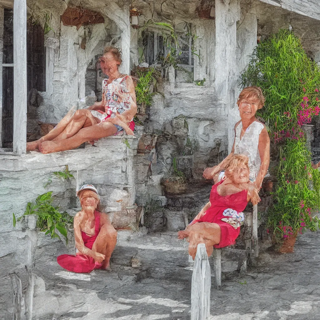 Image similar to a beautiful woman with freckles sitting on the porch, caribbean, digital art