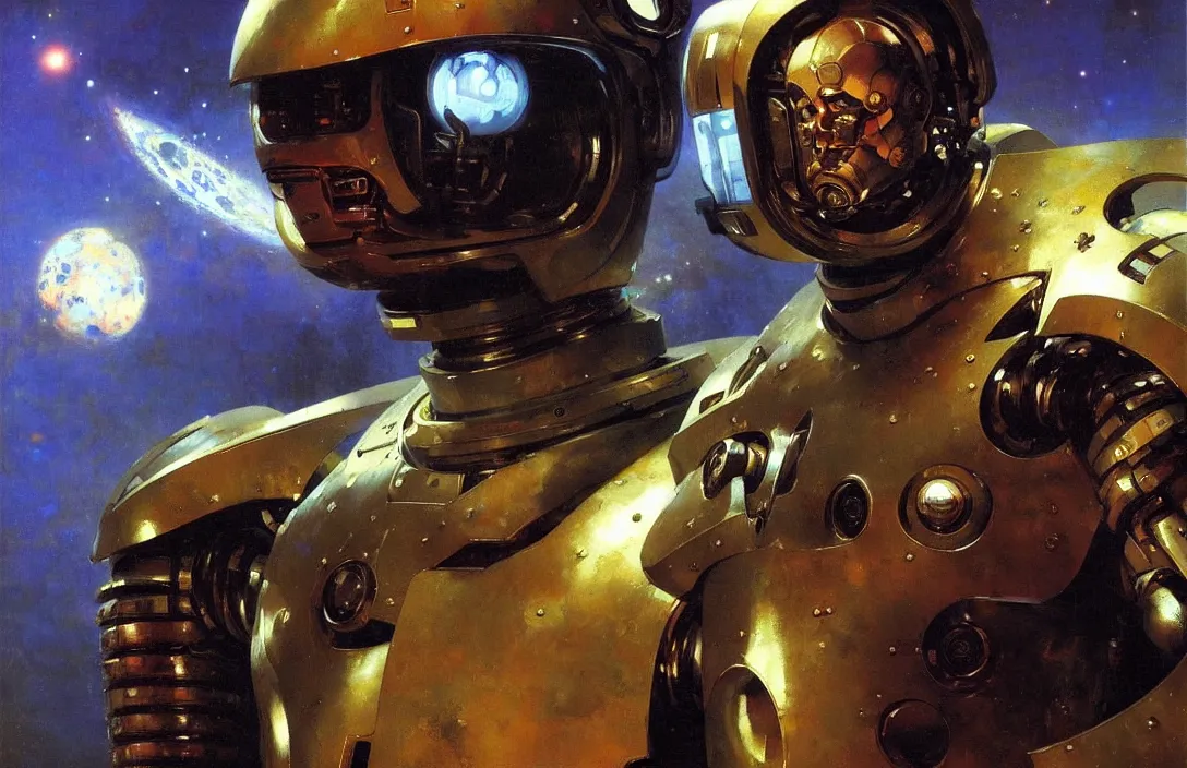 Image similar to portrait of futuristic space robot!!!!!!!!!!!!!!!!!!!!!!!!!!!, detailed face, detailed painting, epic lighting, by ilya repin, phil hale and kent williams