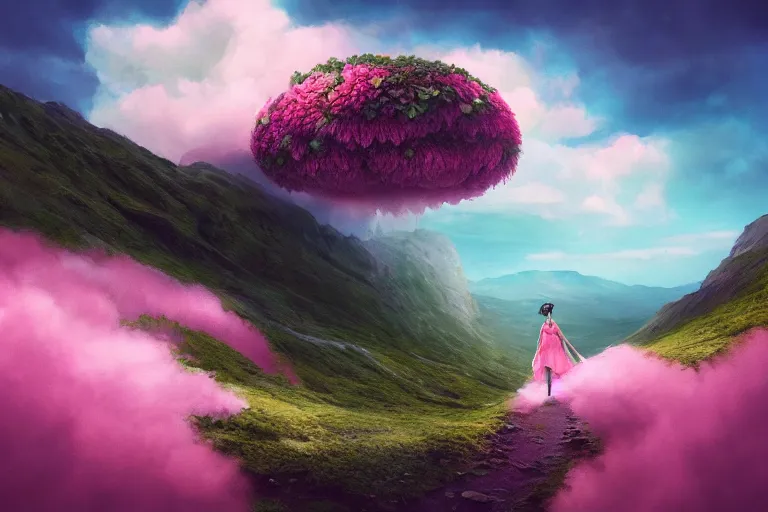 Prompt: giant dahlia flower crown as head, girl walking on mountain, surreal photography, pink storm clouds, dramatic light, impressionist painting, digital painting, artstation, simon stalenhag