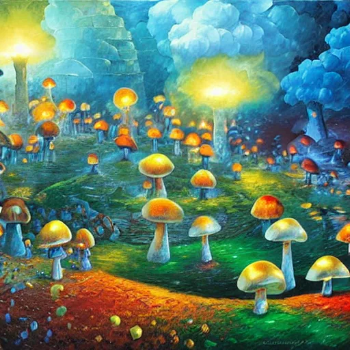 Image similar to glowing mushroom village, art by james christensen, rob gonsalves, paul lehr, leonid afremov and tim white