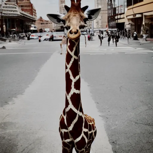 Image similar to a giraffe in ballet suit standing in the center of city