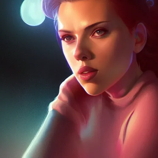 Image similar to photo of scarlett johansson attractive features, tight clothing, full body shot in a movie, cinematic details, sharp focus, illustration, by Jordan Grimmer and greg rutkowski, Trending artstation, pixiv, digital Art