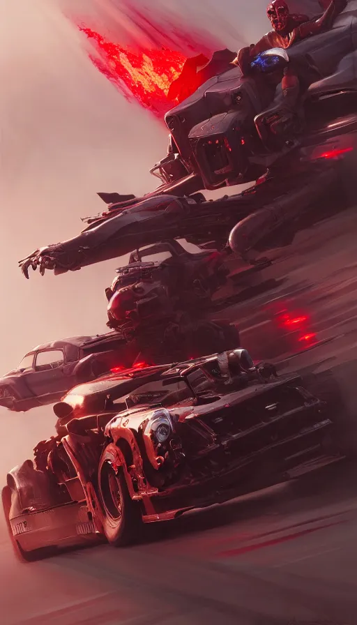 Image similar to road warrior, gemma chan girl, carmageddon, death race, blood drive, made by stanley artgerm lau, wlop, rossdraws, james jean, andrei riabovitchev, marc simonetti, yoshitaka amano, beksinski artstation, cgsociety