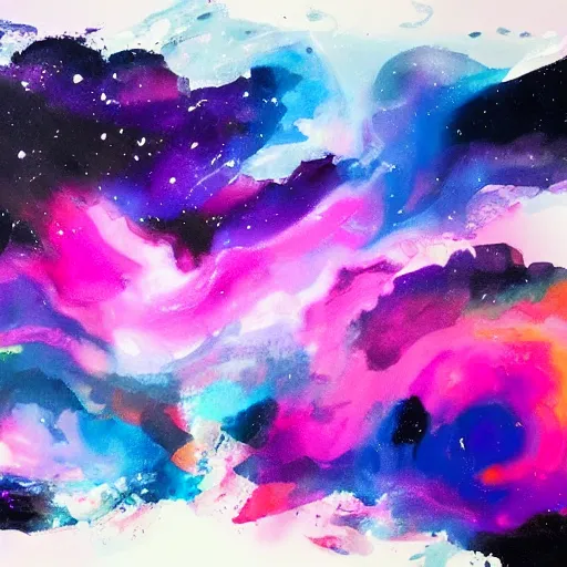 Image similar to abstract ink and acrylic painting, pouring, sprays, nebulae colors, black dark blue purple and pink color scheme, curves, starfield, artstation, pinterest