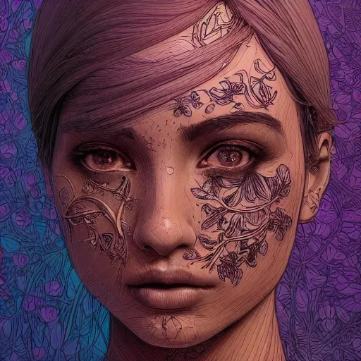 Image similar to the portrait of an incredibly beautiful woman made of potatoes roots and violets, an ultrafine detailed illustration by james jean, final fantasy, intricate linework, bright colors, behance contest winner, vanitas, angular, altermodern, unreal engine 5 highly rendered, global illumination, radiant light, detailed and intricate environment