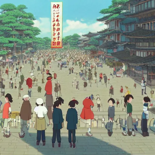 Prompt: people in the square, a panoramic view of shanghai, sakura, morning light, serene, quiet, summer, anime still, movie still, animated, fantasy, by studio ghibli, by miyazaki