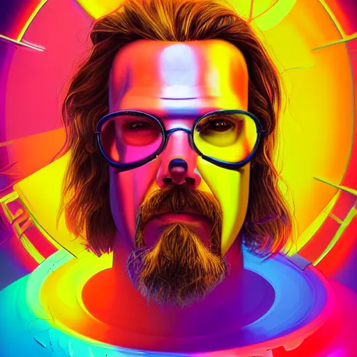 Image similar to a colorful closeup portrait of the a cybertronic mask depicting the dude from the big lebowski. dreamy vibes floating head and dreaming psychedelic hair. halo behind his head. trending on artstation. by peter mohrbacher and moebius and alex ross. intricate detail. hyperrealistic. photorealism. 8 k. flat design