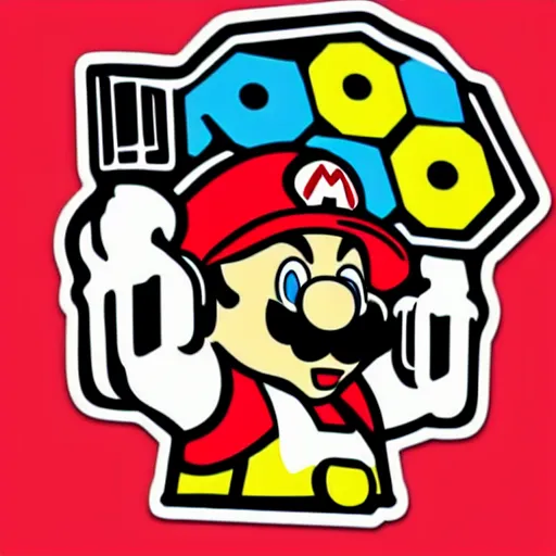 Image similar to svg sticker of a Pop-Wonder SuperMario, Mario-Wearing-a-red-hat, at a rave, spinning records, giant headphones rocking out, wearing headphones, huge speakers, dancing, rave, DJ, spinning records, digital art, amazing composition, rule-of-thirds, award-winning, trending on artstation, featured on deviantart