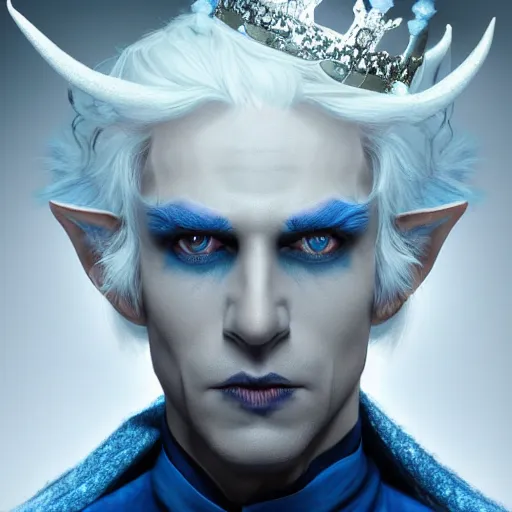 Prompt: the frightening archfey called'the prince of frost ', fantasy, white hair, blue skin, middle - age, elf, crown, trending on cgsociety